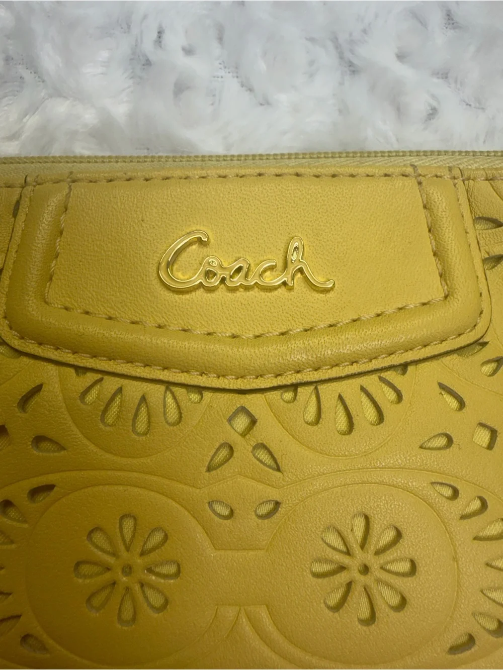 Coach Yellow Ashley Lace Laser-Cut Leather large convertible wristlet shoulder